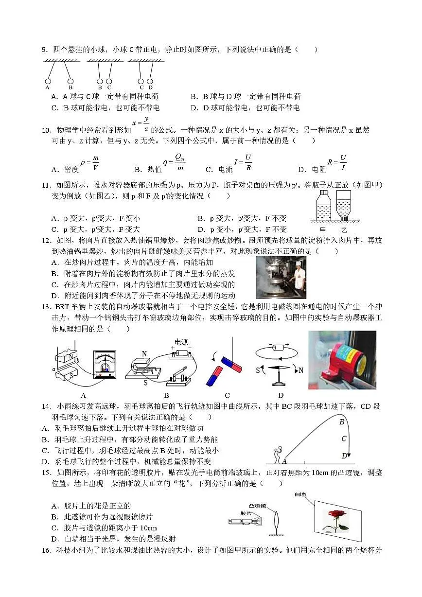 四川省巴中市南江县实验中学 2024-2025 学年九年级下学期期中考试物理试题第2页