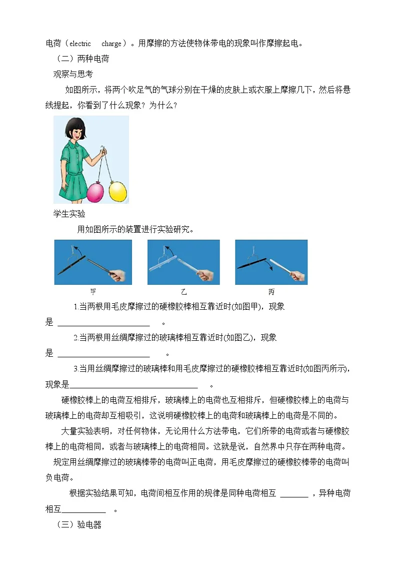 北师大版物理九年级全册 11.3《电荷》教案第2页