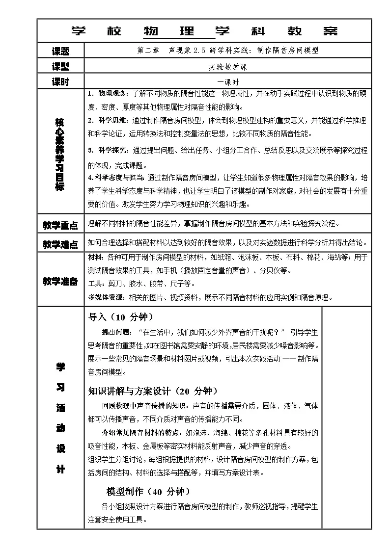人教版八年级上册物理第二章第5节 跨学科实践:制作隔音房间模型 教案第1页