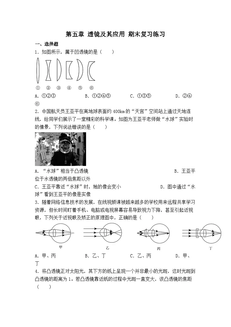 第五章 透镜及其应用 期末复习练习 人教版 物理八年级上册第1页