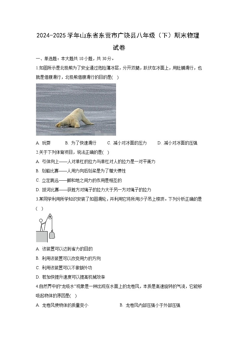山东省东营市广饶县2024-2025学年八年级下学期期末物理试题(解析版)第1页