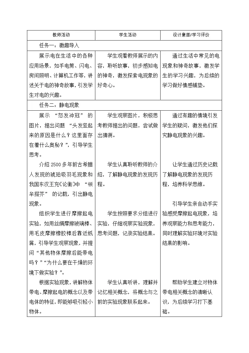 【大单元·任务式】《3.1 电现象》课时教学设计(表格式)--教科2024版9年级第3页