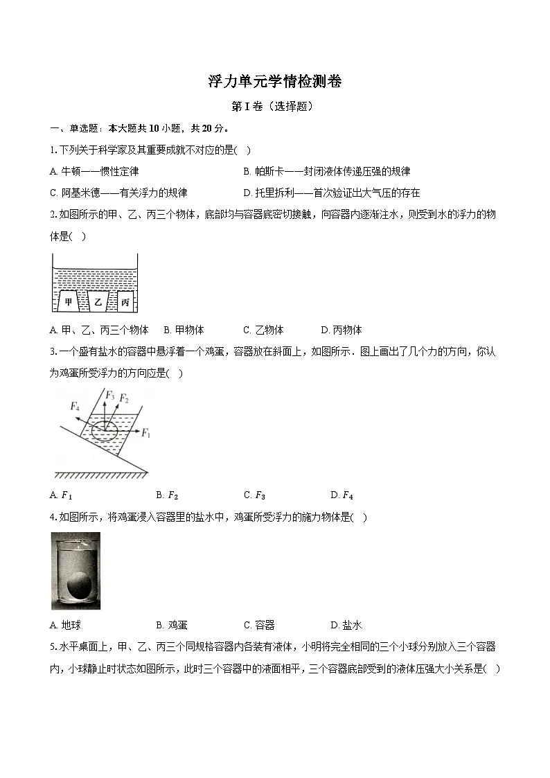 人教版初中八年级物理上册浮力 试卷(含答案)第1页