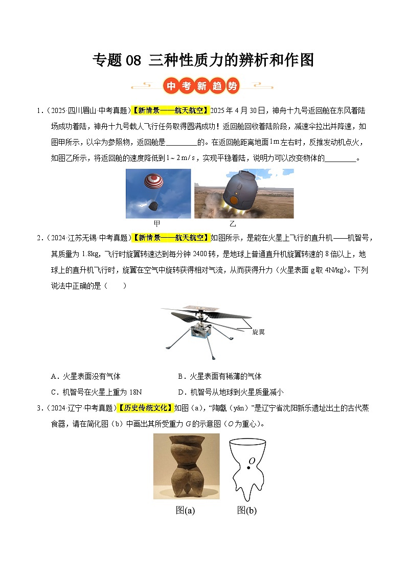 三年(2023-2025)中考物理真题分类汇编:专题08 三种性质力的辨析和作图(原卷版)第1页