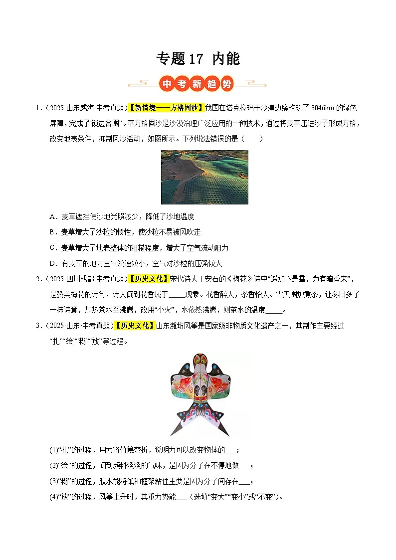 三年(2023-2025)中考物理真题分类汇编:专题17 内能(原卷版)第1页