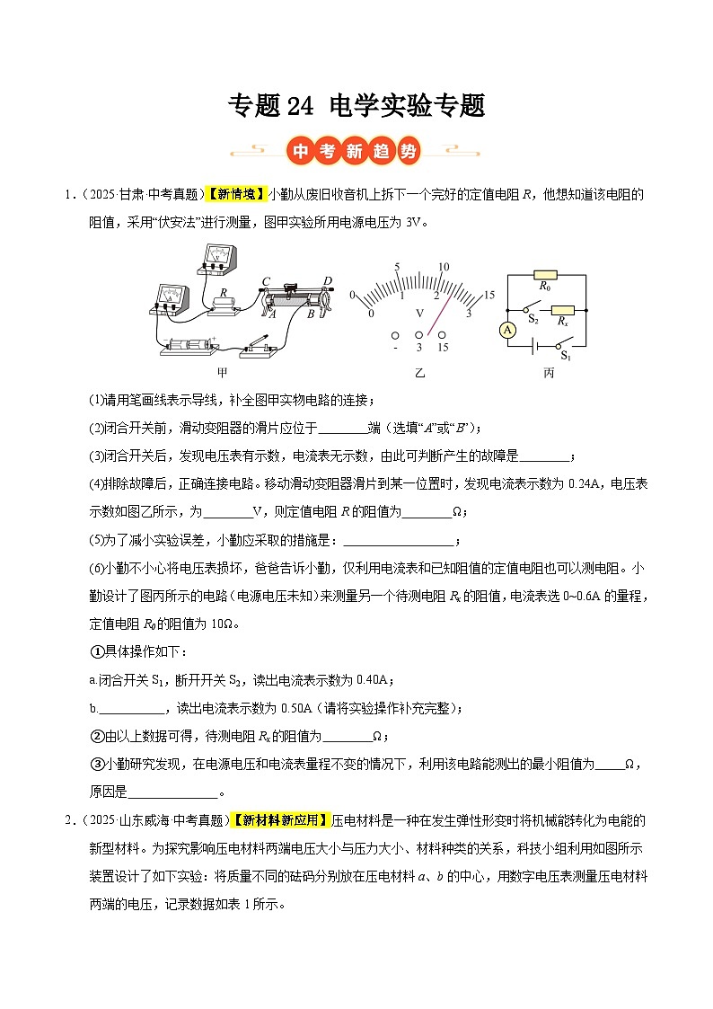 三年(2023-2025)中考物理真题分类汇编:专题24 电学实验专题(原卷版)第1页
