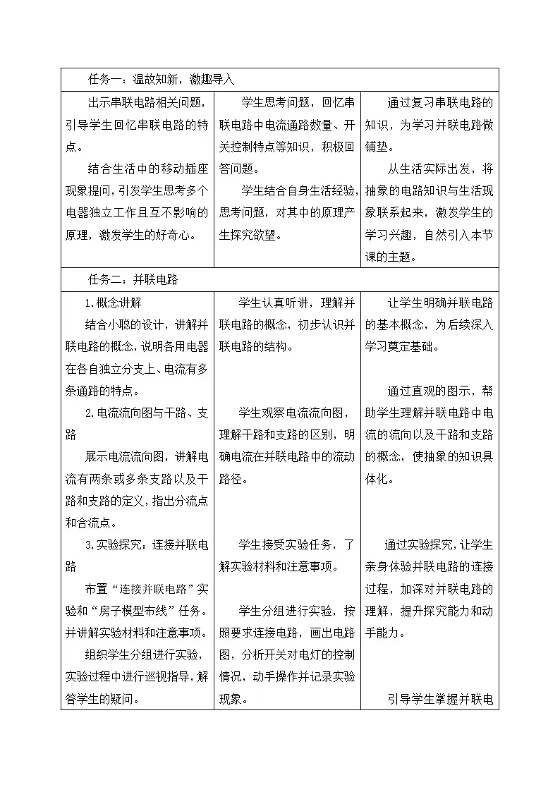【大单元·任务式】《3.3.2 电路的连接(第二课时)》课时教学设计(表格式)第3页