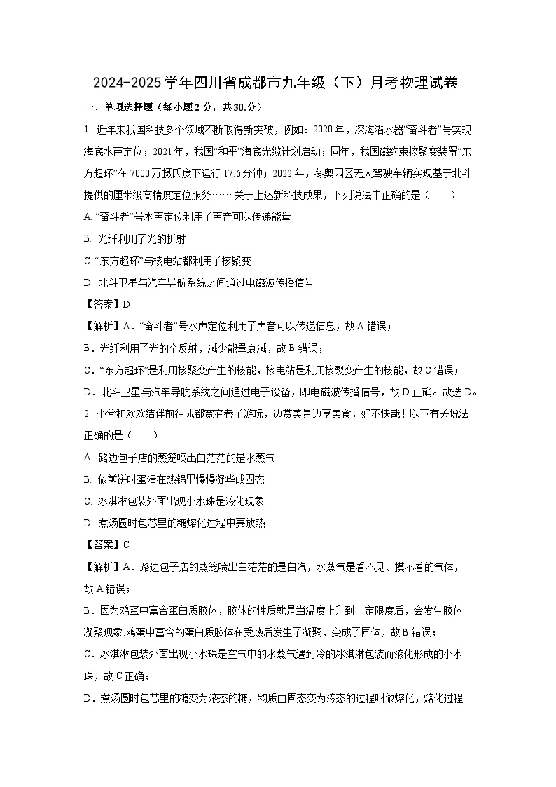 四川省成都市2024-2025学年九年级下学期3月月考物理试卷（解析版）