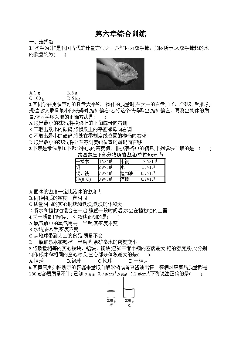 2025年人教版初中物理八年级上册第6章 质量与密度综合训练课后知能演练(含答案)第1页