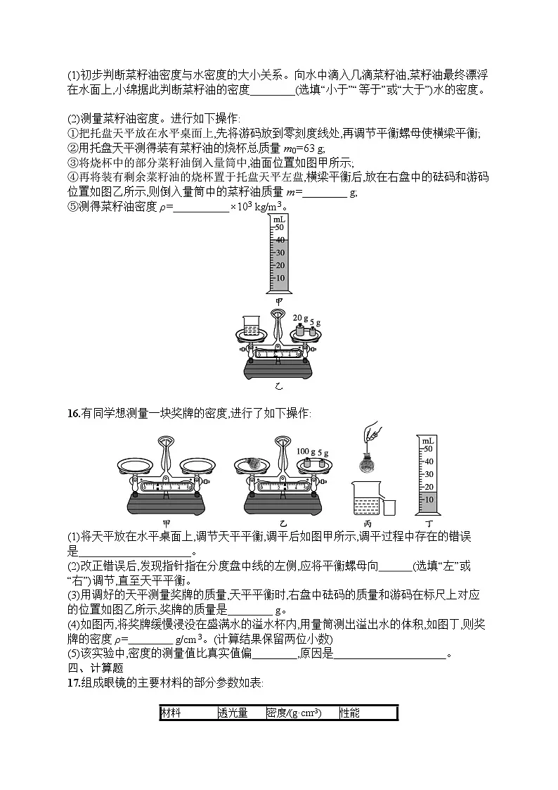 2025年人教版初中物理八年级上册第6章 质量与密度综合训练课后知能演练(含答案)第3页