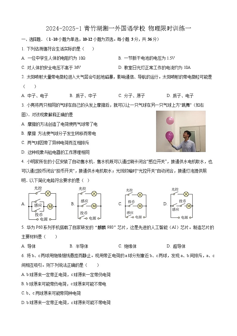 湖南省长沙市青竹湖湘一外国语学校2024-2025初三第一次月考物理试卷(含答案)第1页