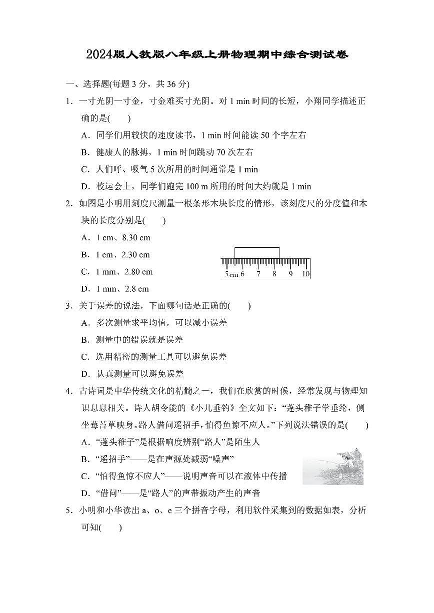 2024版人教版八年级上册物理期中综合测试卷含答案第1页