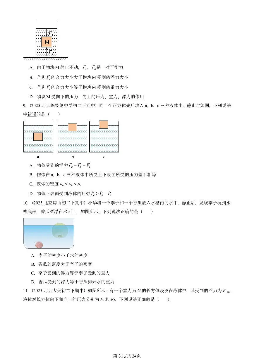 2025北京重点校初二(下)期中物理汇编(试题):物体的浮沉条件及应用(人教版) 有答案解析第3页