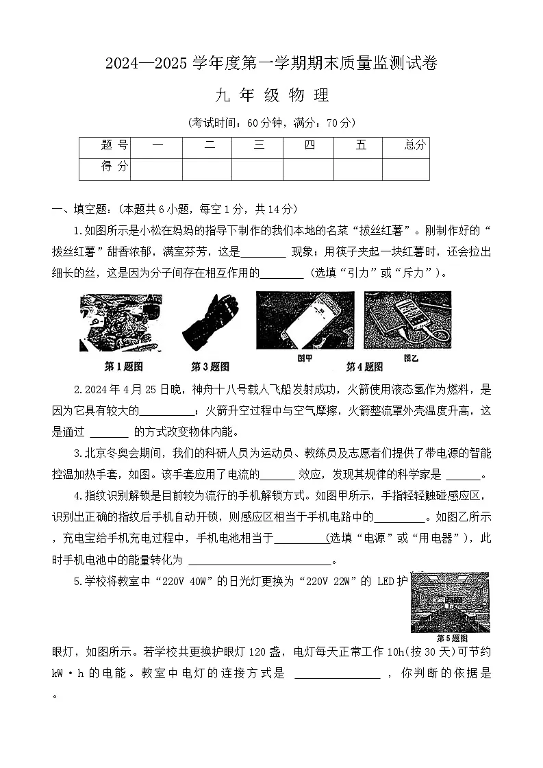 河南省驻马店市正阳县2024-2025学年九年级上学期1月期末物理试题第1页