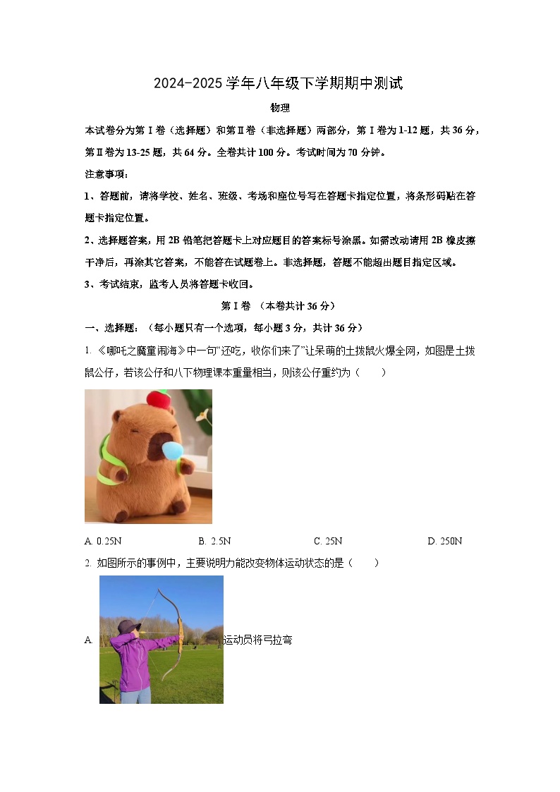 广东省深圳市福田实验教育集团2024-2025学年八年级下学期期中测物理试卷（学生版）