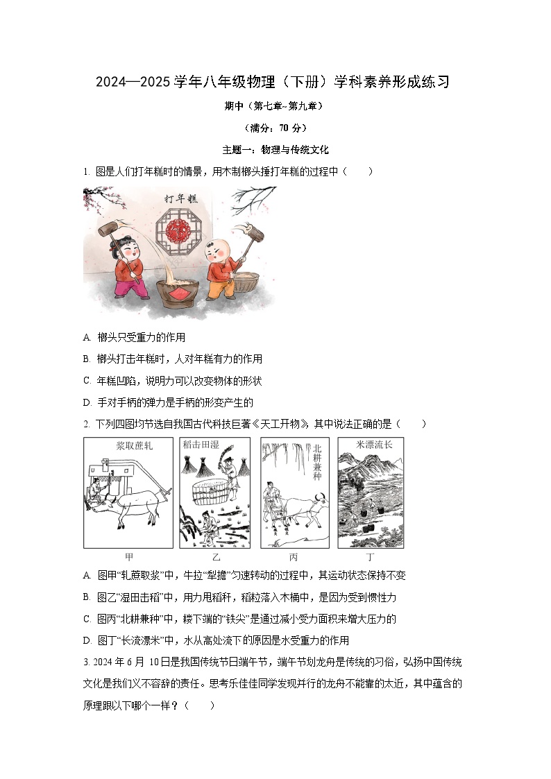 广东省深圳市龙岗区2024-2025学年八年级下学期4月期中物理试卷（学生版）