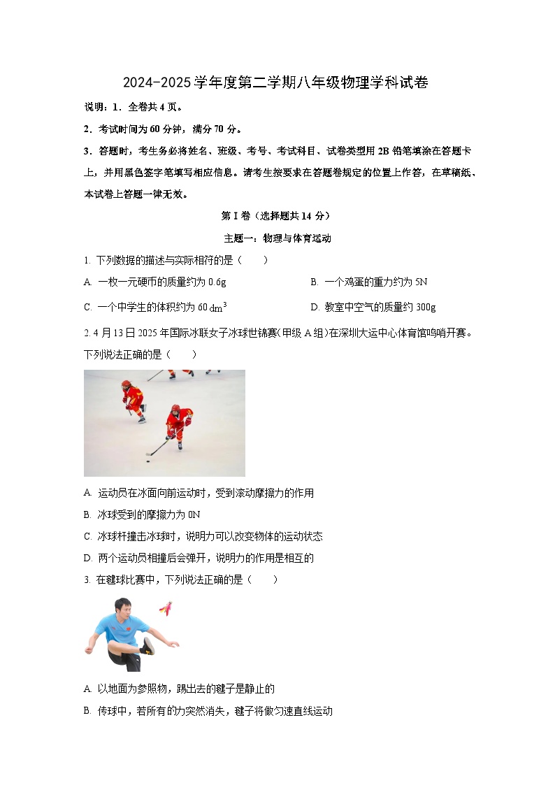 广东省深圳市南山区2024-2025学年八年级下学期期中物理试卷（学生版）