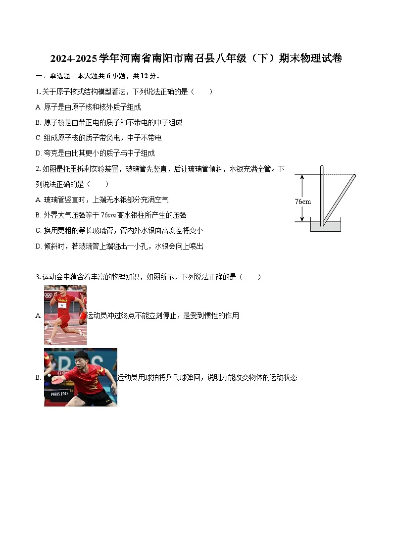 2024-2025学年河南省南阳市南召县八年级(下)期末物理试卷-自定义类型第1页