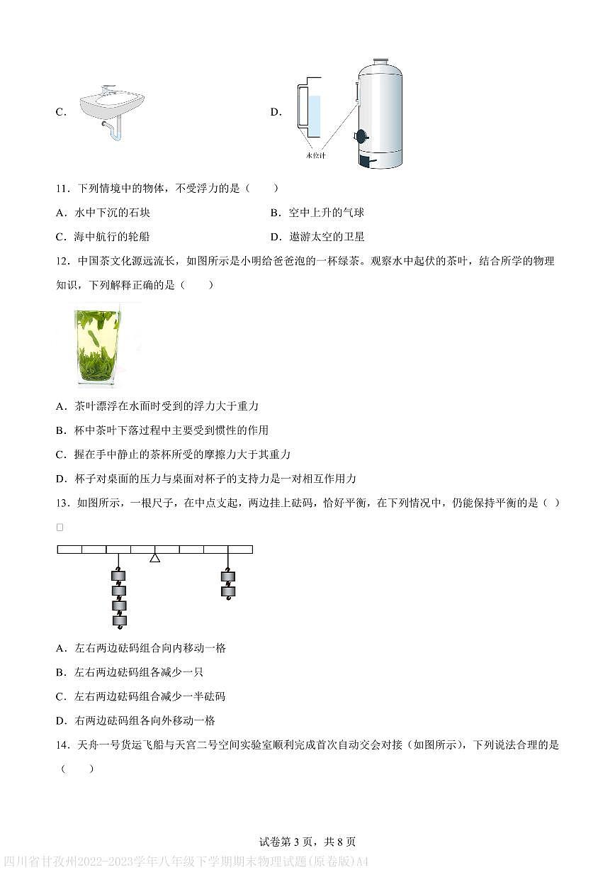 四川省甘孜州2022-2023学年八年级下学期期末物理试题(原卷版)A4第3页