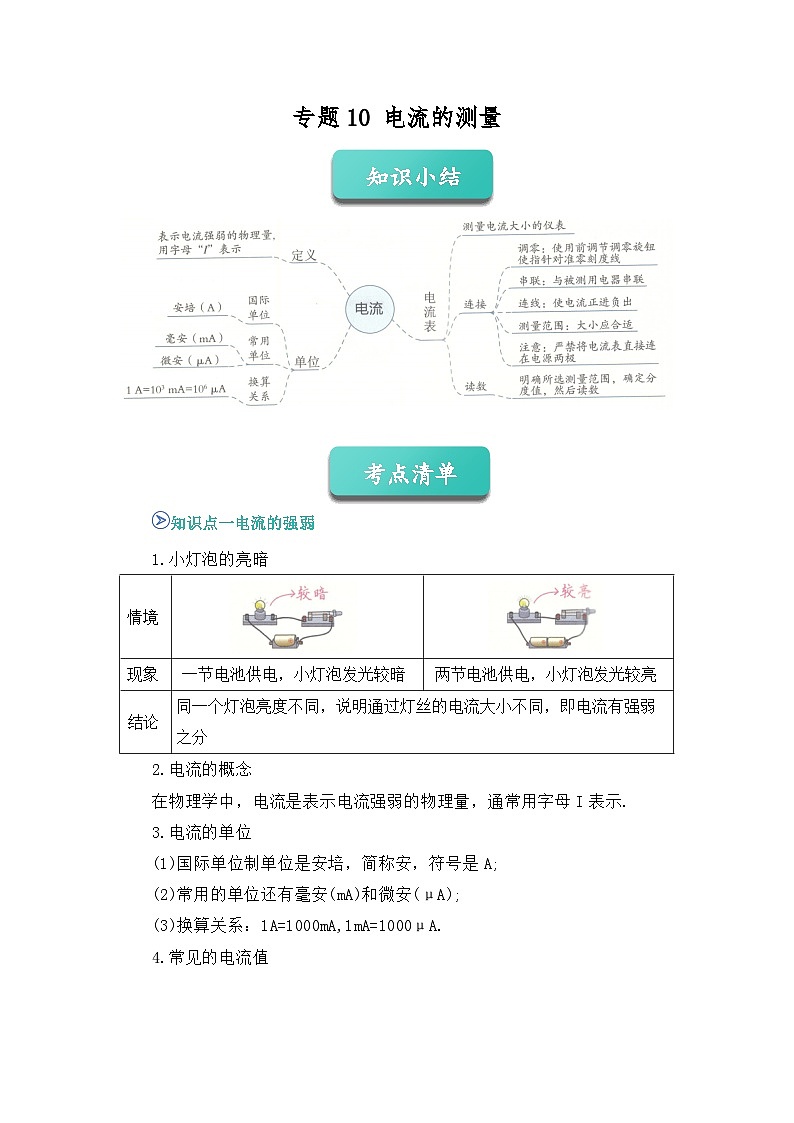 期中复习专题10 电流的测量 九上物理人教版2024 期中复习 知识点+习题 (原卷版)第1页
