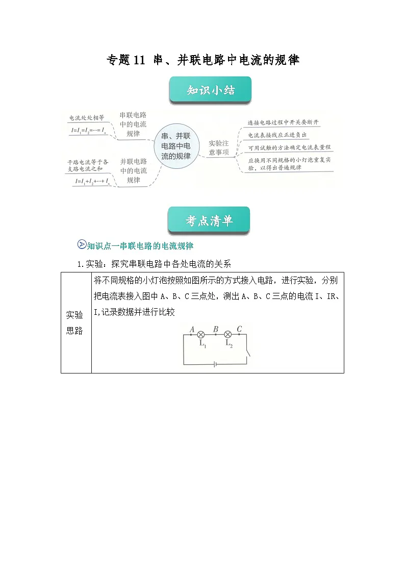 期中复习专题11 串、并联电路中电流的规律 九上物理人教版2024 期中复习 知识点+习题(原卷版)第1页