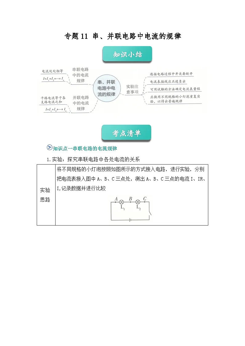 期中复习专题11 串、并联电路中电流的规律 九上物理人教版2024 期中复习 知识点+习题(解析版)第1页