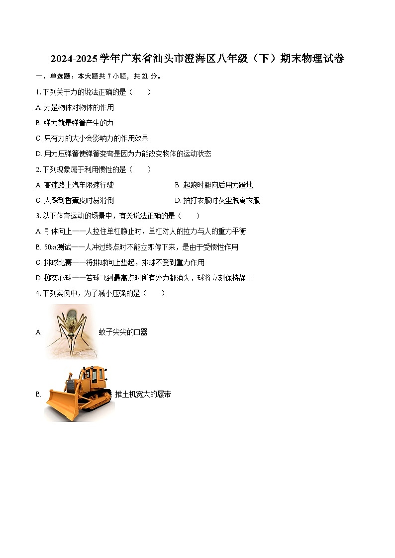2024-2025学年广东省汕头市澄海区八年级(下)期末物理试卷-自定义类型第1页