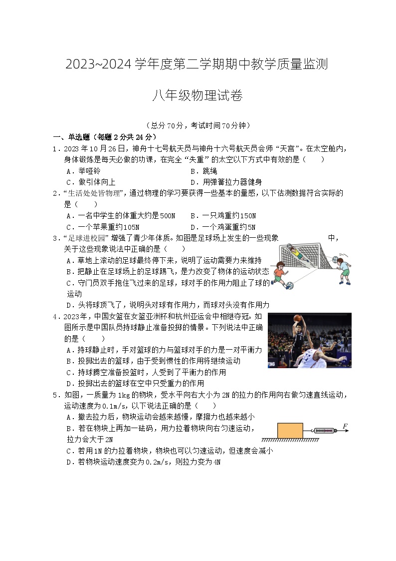 湖北省麻城市2023-2024学年八年级下学期期中教学质量监测物理试题