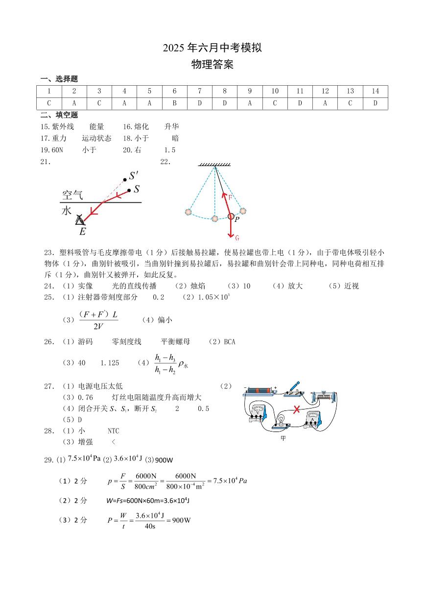 2025年漳州一中中考物理模拟考答案