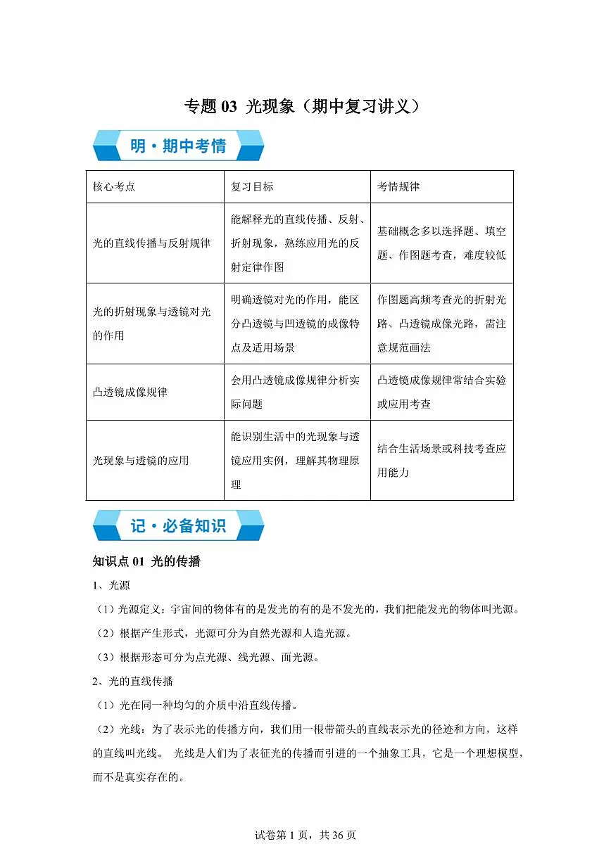 八年级物理上学期新教材鲁科版(五四学制)(期中复习讲义)专题03光现象(附答案)第1页