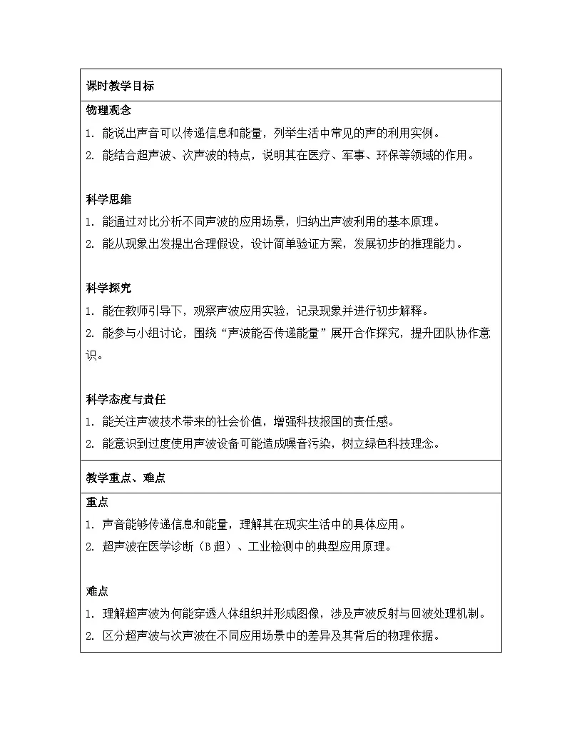 人教版(2024)八年级上册物理第二章 声现象 第三节 声的利用 教案【表格式】第2页