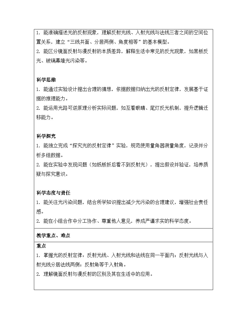 人教版(2024)八年级上册物理第四章 光现象 第二节 光的反射 教案【表格式】第2页