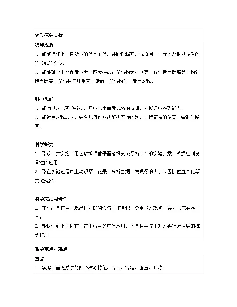 人教版(2024)八年级上册物理第四章 光现象 第三节 平面镜成像 教案【表格式】第2页