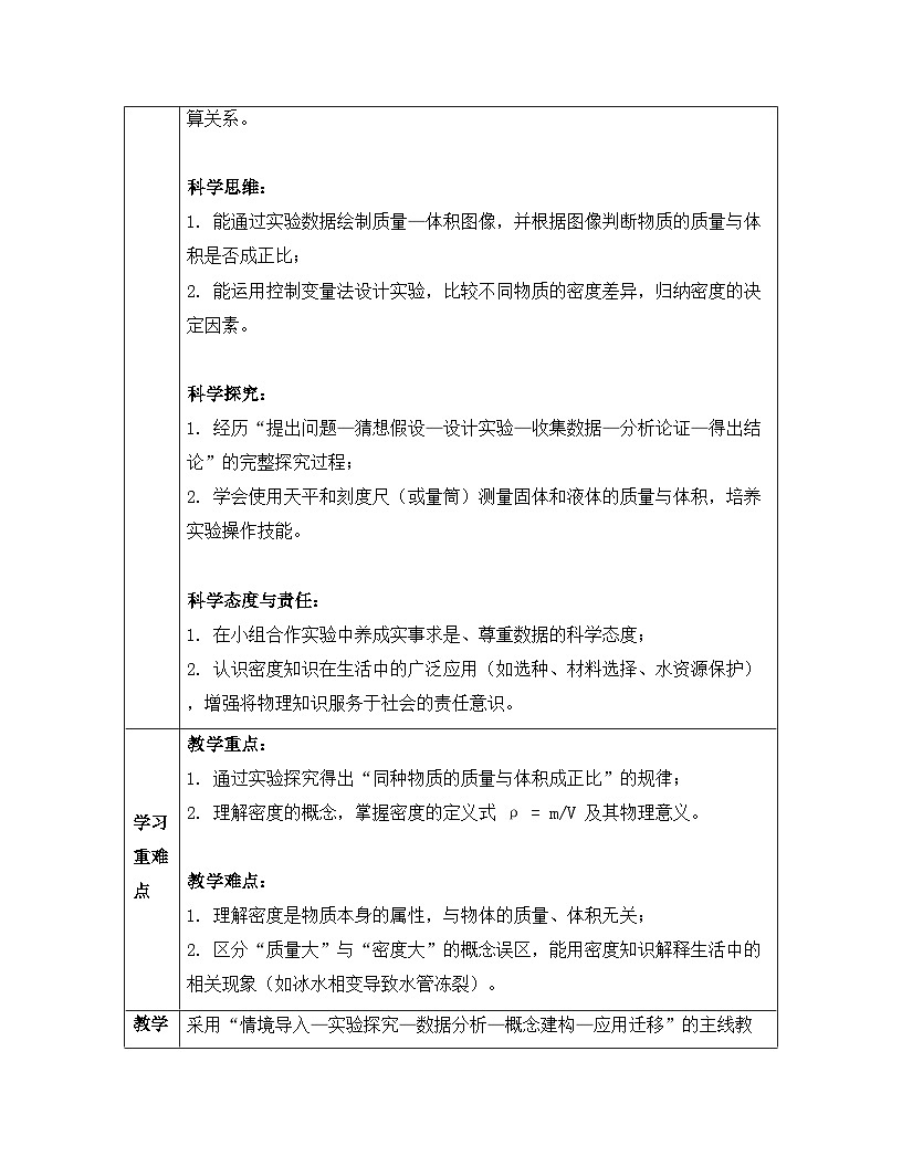 人教版(2024)八年级上册物理第六章 质量与密度 第二节 密度 教案【表格式】第2页
