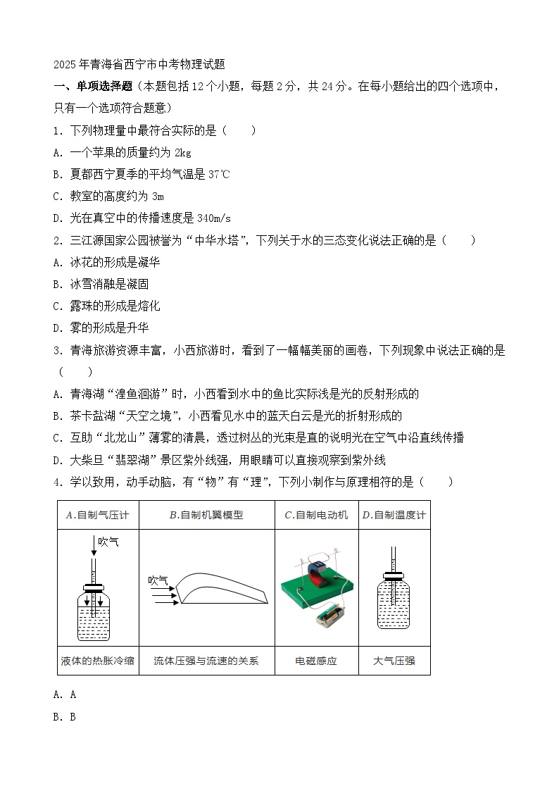 2025年青海省西宁市中考物理试题（无答案）