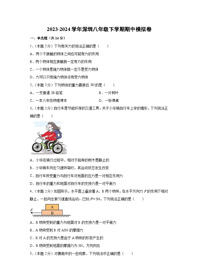 广东省深圳2023-2024学年八年级下学期期中模拟卷物理试卷第1页