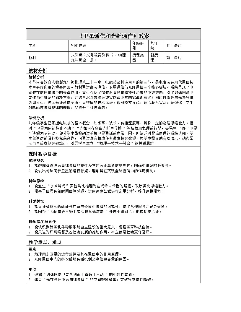 《第二十一章 电磁波及其应用:3 卫星通信和光纤通信》教学设计(表格版)-2025-2026学年人教版(2024)物理九年级全一册第1页