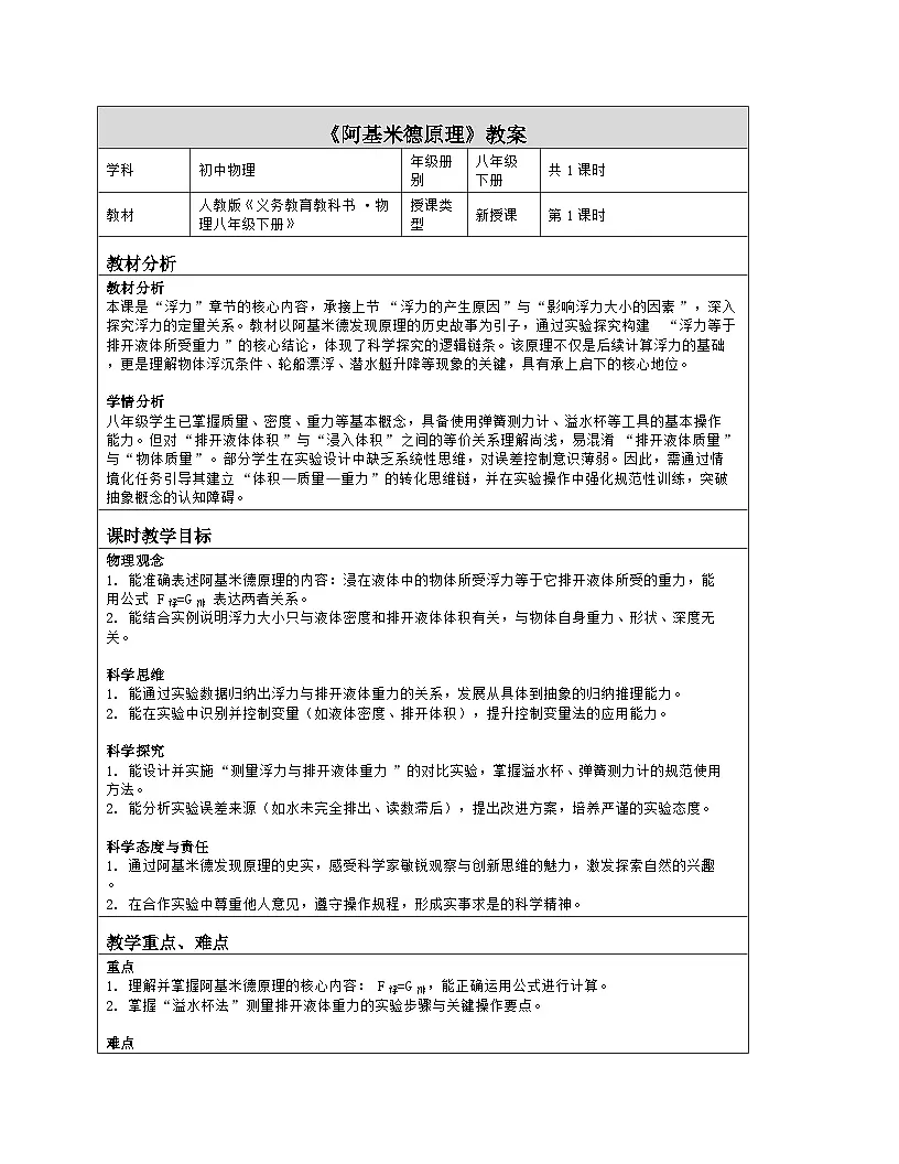 《第十章 浮力:2 阿基米德原理》教学设计(表格版)-2025-2026学年人教版(2024)物理八年级下册第1页