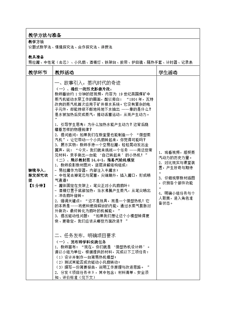 《第一十四章 内能的利用:4 跨学科实践:制作简易热机模型》教学设计(表格版)-2025-2026学年人教版(2024)物理九年级全一册第2页