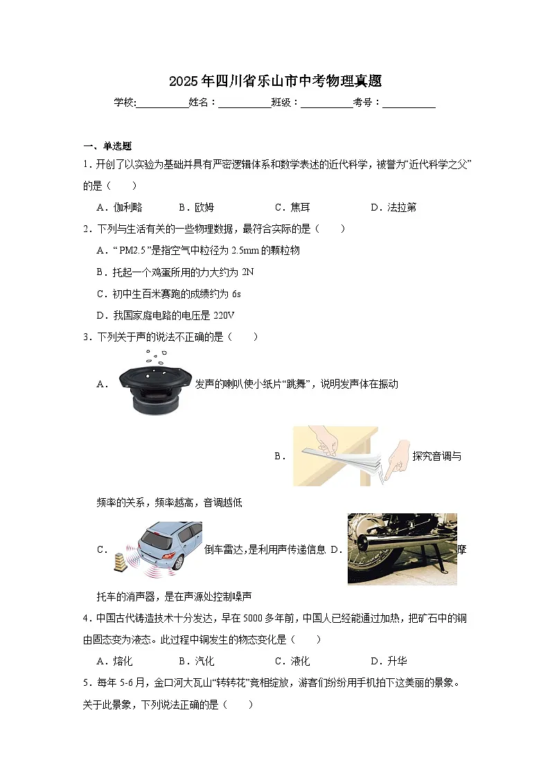 2025年四川省乐山市中考物理真题(附答案解析)第1页