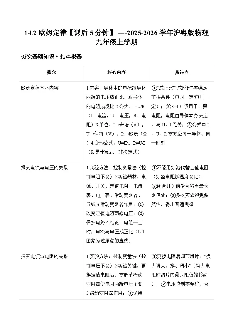 沪粤版2025-2026学年物理九年级上学期14.2 欧姆定律【课后5分钟】-习题【含解析】第1页