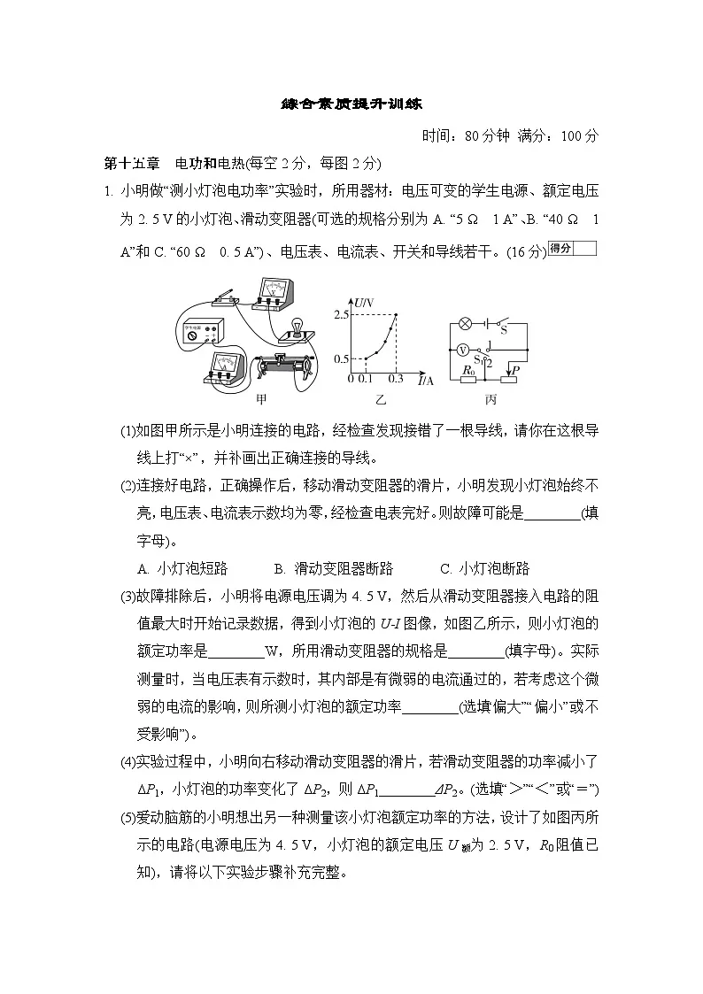 综合素质提升训练(含答案)2025-2026学年苏科版九年级物理下册第1页