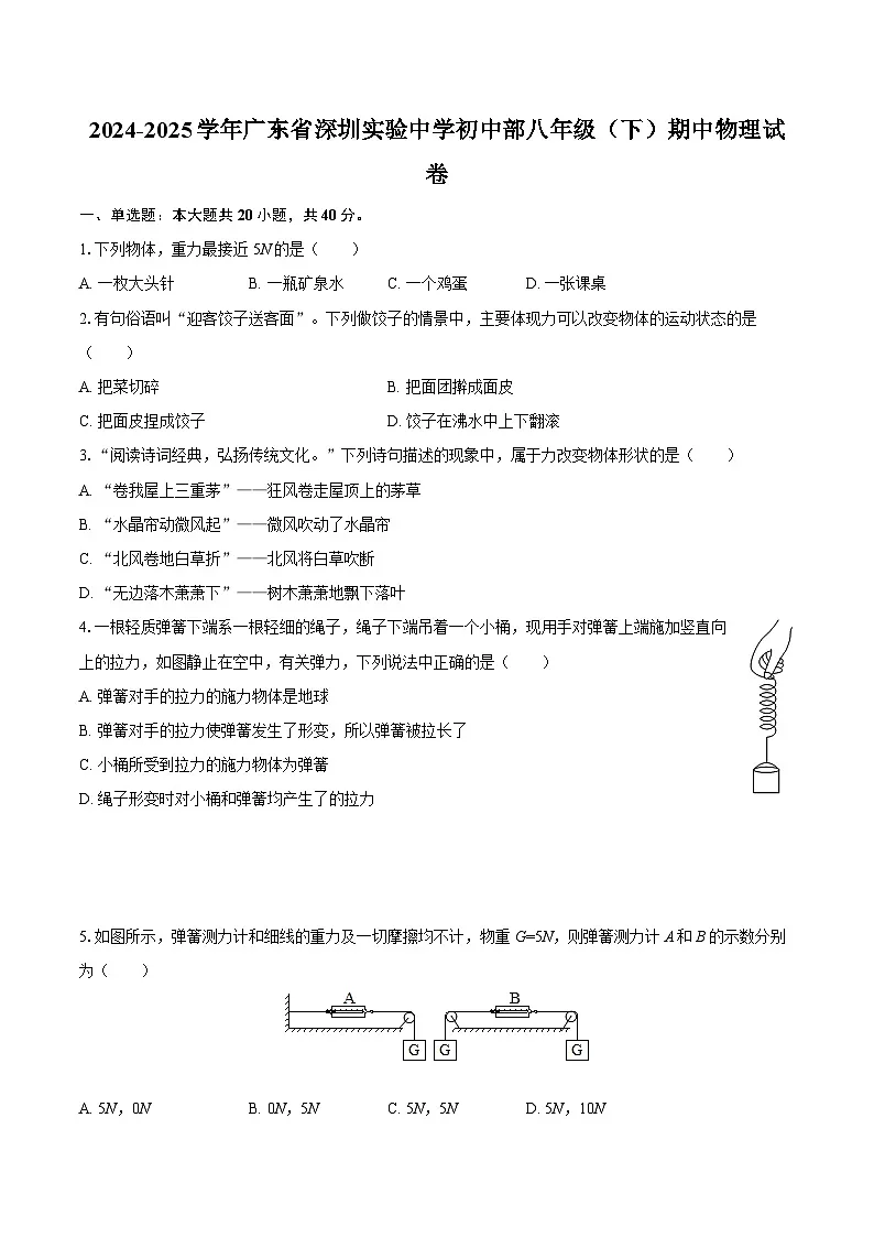 2024-2025学年广东省深圳实验中学初中部八年级(下)期中物理试卷-自定义类型第1页