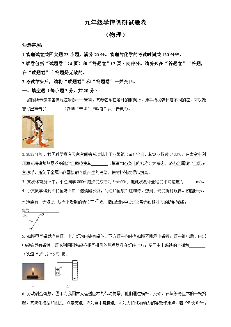 2025年安徽省合肥市经开区中考一模物理试题(原卷版)-A4第1页