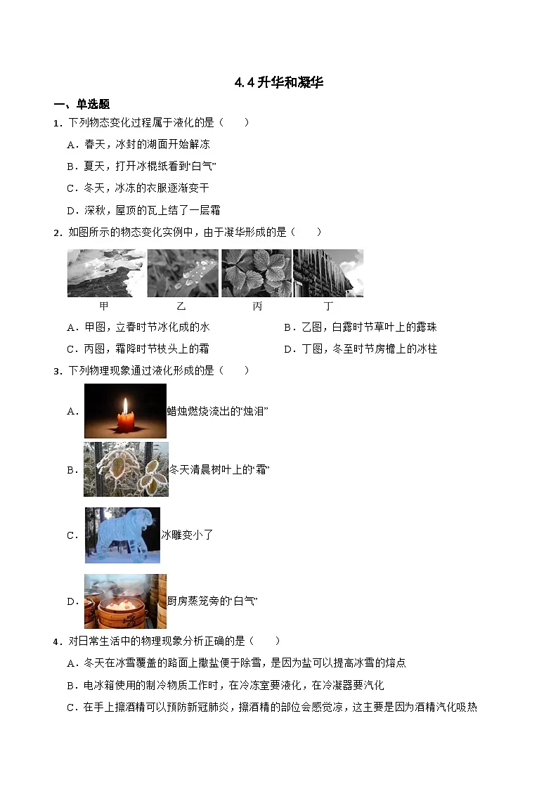 4.4升华和凝华随堂练习 苏科版物理八年级上册第1页