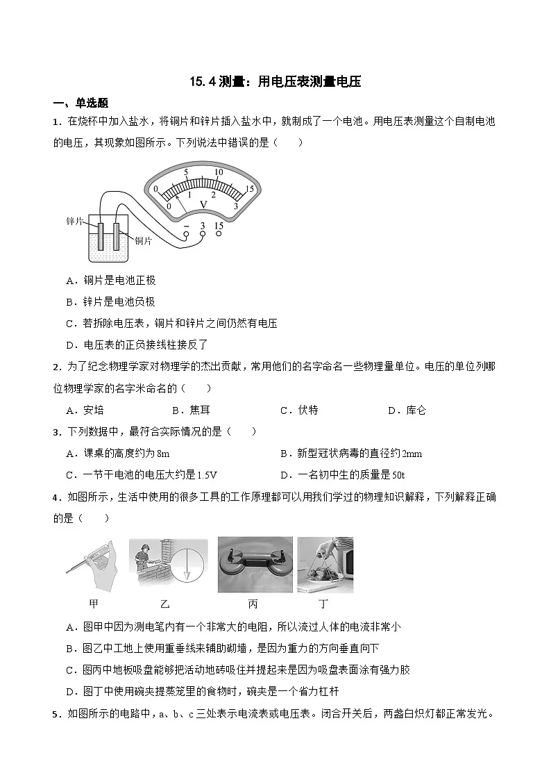15.4测量:用电压表测量电压随堂练习 沪科版物理九年级全一册第1页