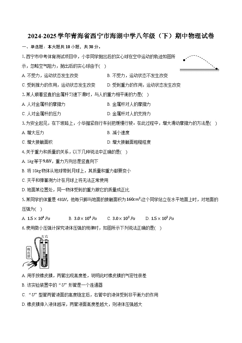 2024-2025学年青海省西宁市海湖中学八年级(下)期中物理试卷第1页