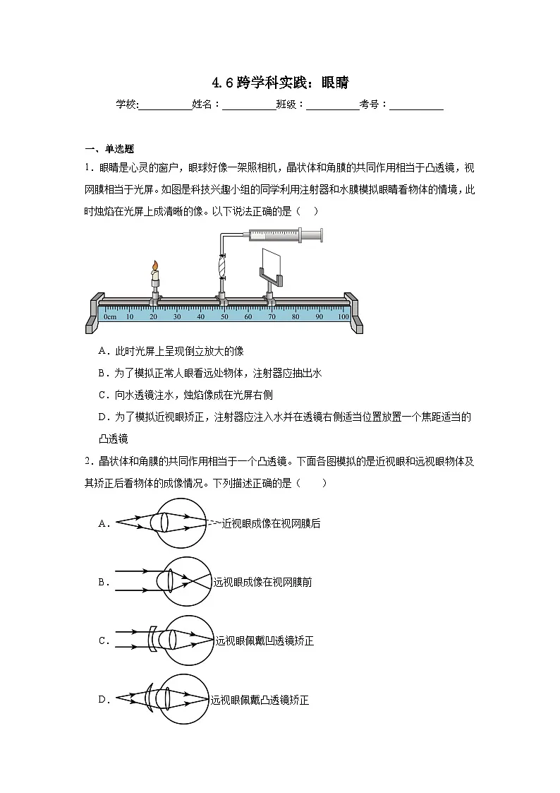 4.6跨学科实践:眼睛随堂练习 教科版物理八年级上册第1页