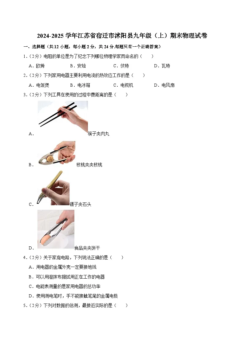 江苏省宿迁市沭阳县2024-2025学年九年级上学期考试期末物理试卷第1页