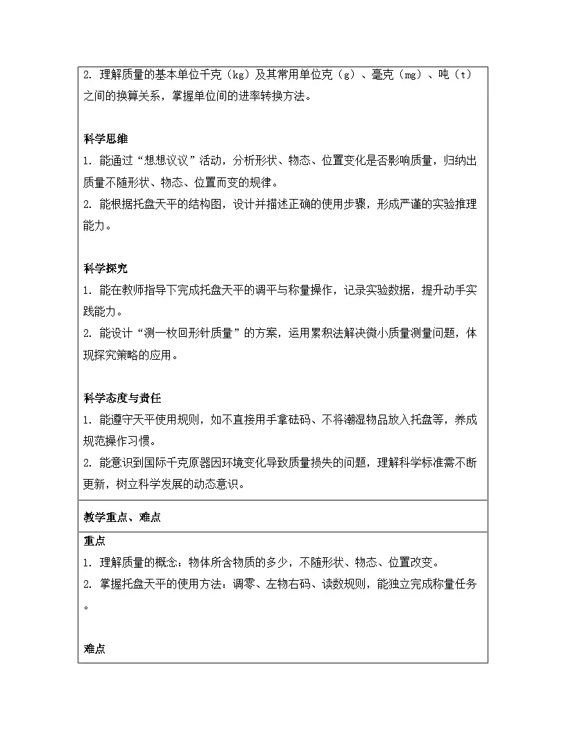 人教版(2024)八年级上册物理第六章 质量与密度(第1~4节) 教案【表格式】第2页